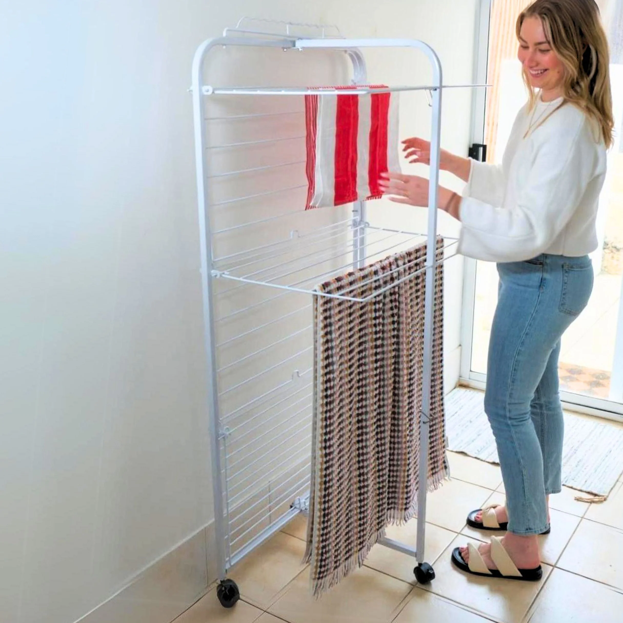 42 Rail Tower Clothes Airer on Wheels White - Image 3